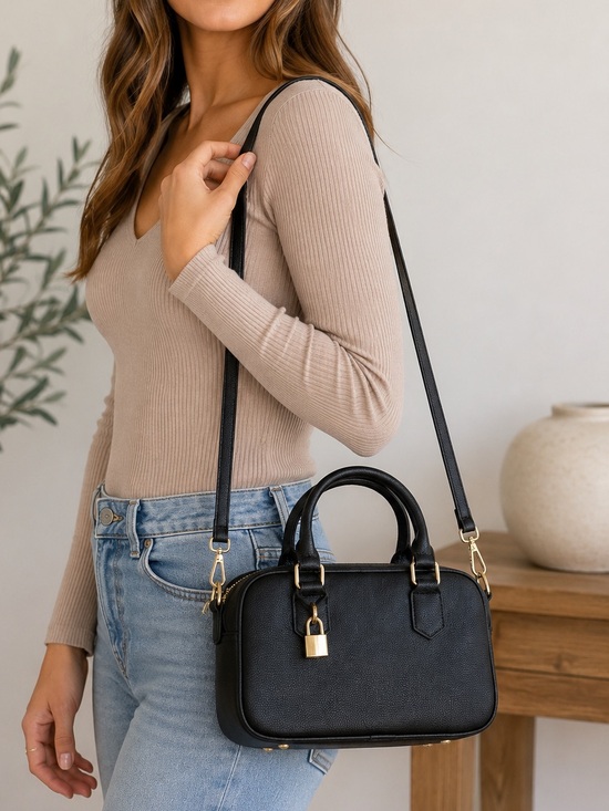 Kayla Ava Handbags - Kayla Ava Black Faux Leather Satchel Crossbody Bag Gold Hardware Floral Lining
